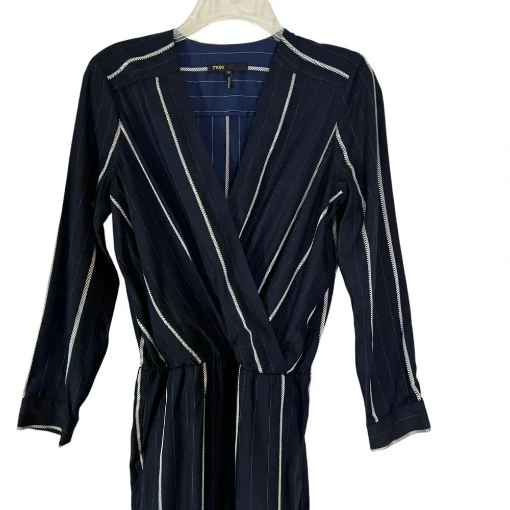 Maje Pinstripe Surplice Bodice Jumpsuit Navy Blue Size S - Picture 7 of 16